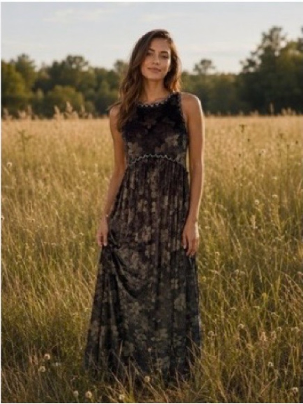 New: POL “Velvet Burnout” Floral Lace Trim Boho Maxi Dress• Large